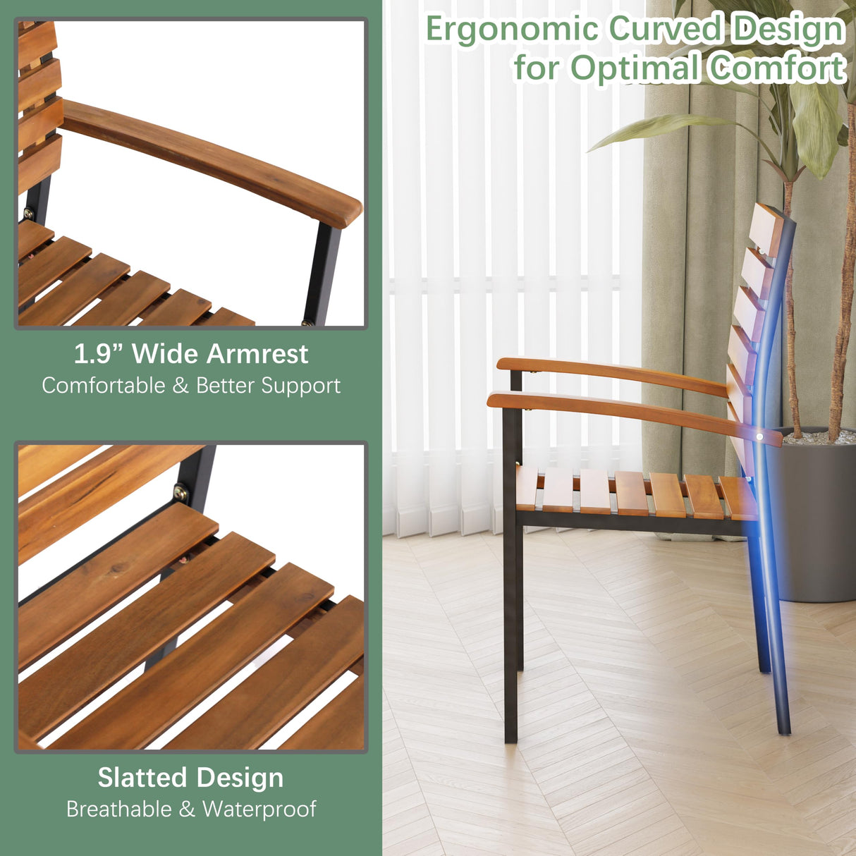 WiberWi 7 Piece Outdoor Dining Set for 6, Acacia Wood 59.1" Patio Table and Chairs Set with Metal Frame, Patio Dining Furniture Set for Garden, Balcony, Backyard, Poolside, Brown & Black WiberWi