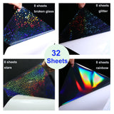 32 Sheets Holographic Sticker Paper Clear Vinyl Self Adhesive Waterproof Rainbow Transparent Overlay Film A4 Size Holographic Overlay with 4 Styles Mixed Bleidruck