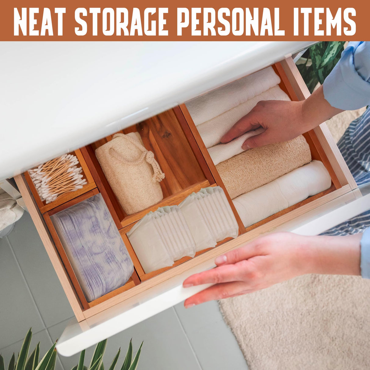 Demigo Acacia Drawer Organizer Set of 5, Cabinet Container Box, Wood Bin Set in Varied Sizes, Dividers Holder for Storage Cooking Utensils Spices Tea Bags Foods Office Items (Brown) Demigo