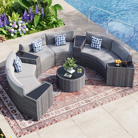 WACASA 11 PCS Curved Rattan Patio Furniture Set – Outdoor Sectional Sofa with Waterproof Cushions, Coffee Table, Side Tables & Pillows, Natural Wicker Conversation Set for Garden, Backyard, Deck WACASA