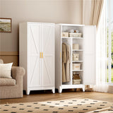 YAUWOH Farmhouse Wardrobe Cabinet,Metal Wardrobe Closet with Hanging Rod,Metal Armoire with Adjustable Shelves for Bedroom,Living Room, Cloak Room,Office (White) YAUWOH