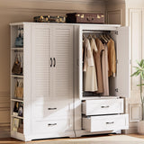 IRONCK Armoire Wardrobe Closet, 70.87" H Wooden Bedroom Armoire with 2 Louvered Doors, 2 Drawers and Shelves, Large Freestanding Clothing Storage Cabinet, White IRONCK