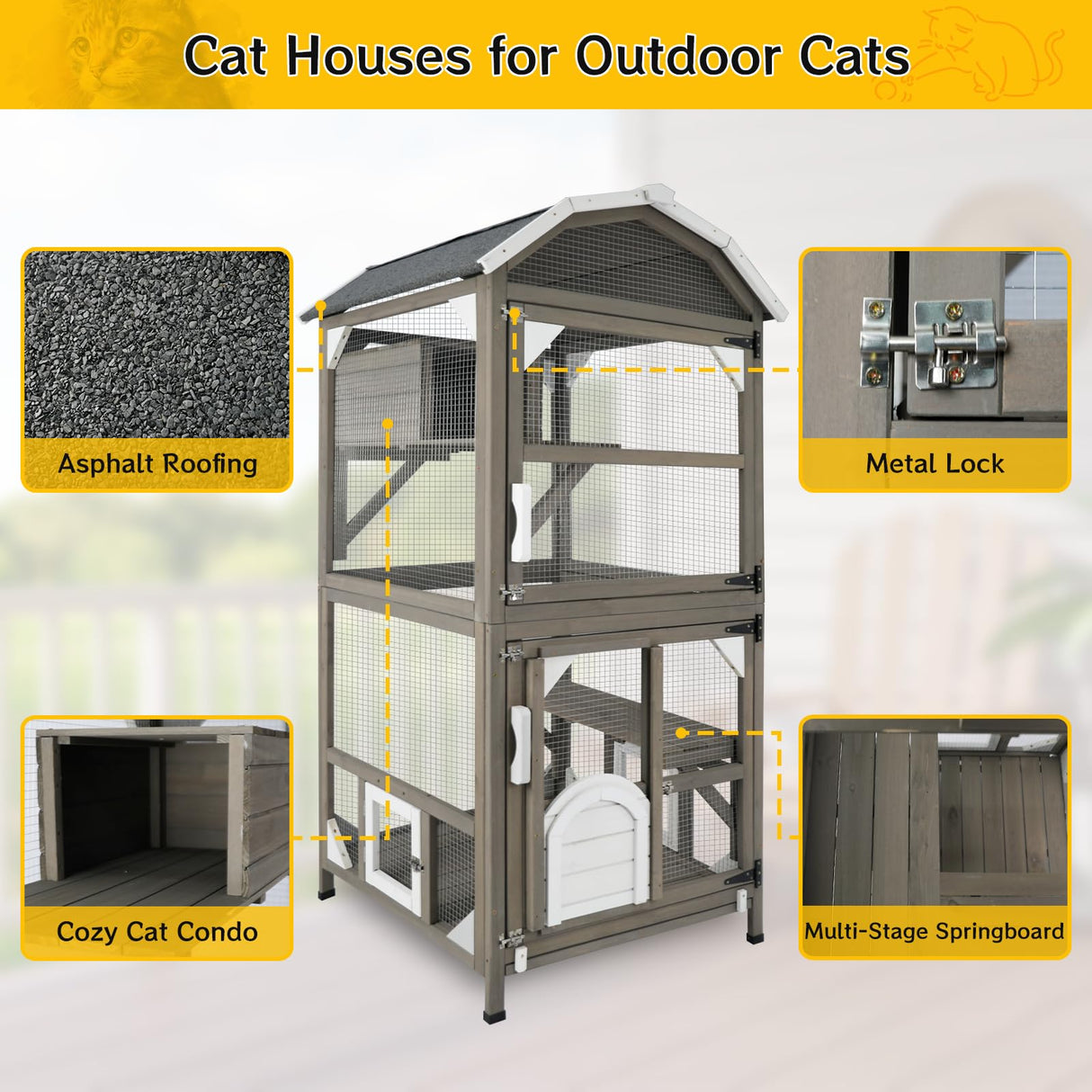 Catio Cat House Outdoor Cat Enclosure Window Large Cat Cage Indoor Outdoor with Multiple Platforms Waterproof Roof and Resting Box Shelter for Stray Kittens (Grey, 29.5" D x 29.5" W x 68.1" H) ketive