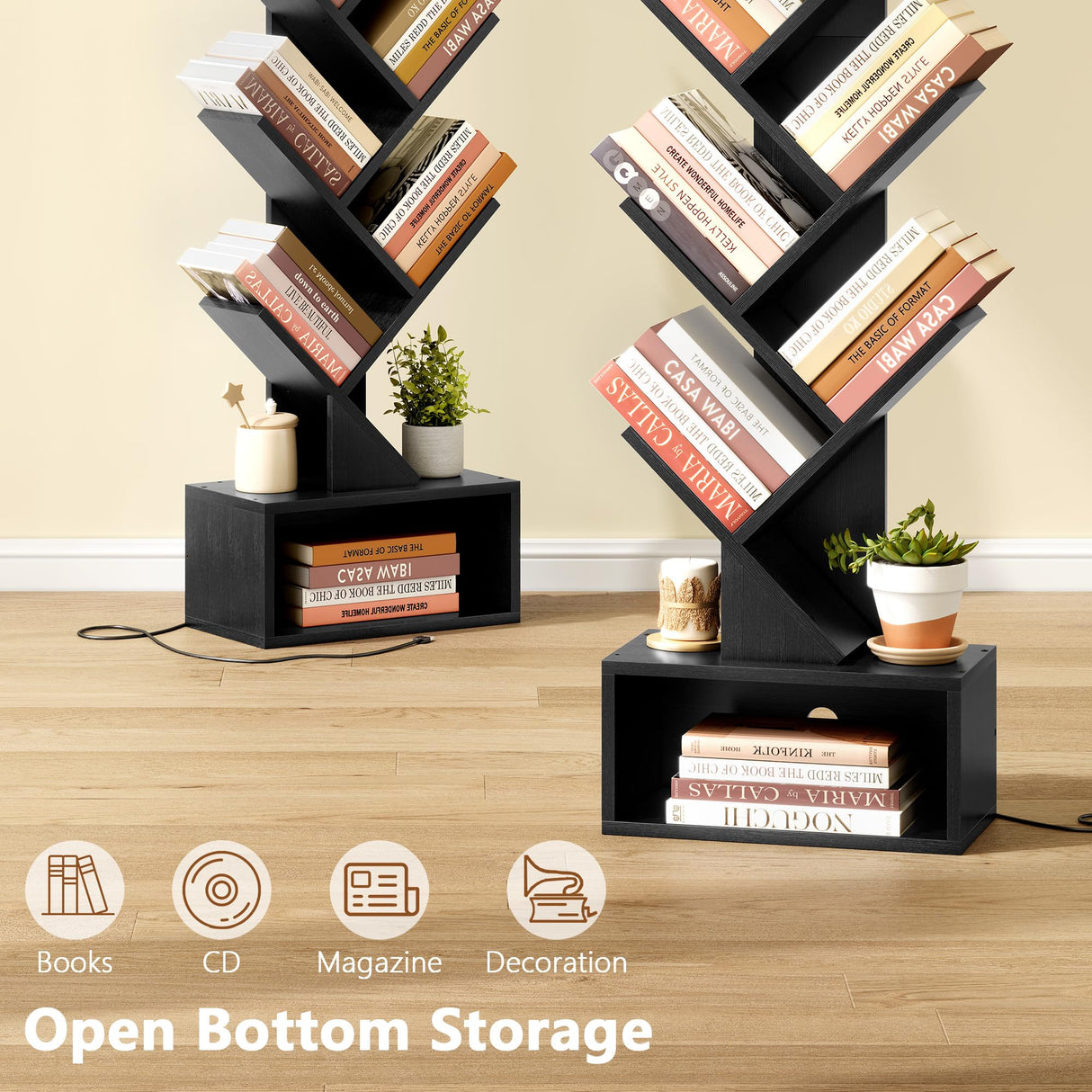 Hoctieon 6 Tier Tree Bookshelf, Tall Bookcase with Drawer, Freestanding Book Shelf with LED Lights, Display Floor Standing Storage Shelf, Book Organizer Shelves for Home Office, Living Room, Black Hoctieon