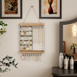 Feyejade Hanging Jewelry Organizer, 5-Tier Wall Earring Holder with Wooden Ring Groove, Jewelry Rack Wall Mounted for Earrings, Necklaces, Bracelets and Rings, Jewelry Holder Stand,Black Feyejade