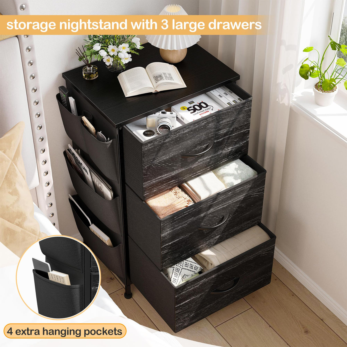 EnHomee Nightstand Set of 2, Night Stand with 3 Drawers for Bedroom, Bedside Table with Wooden Top, Sturdy Steel Frame End Table, Small Dresser for Bedroom, Living Room, Black EnHomee