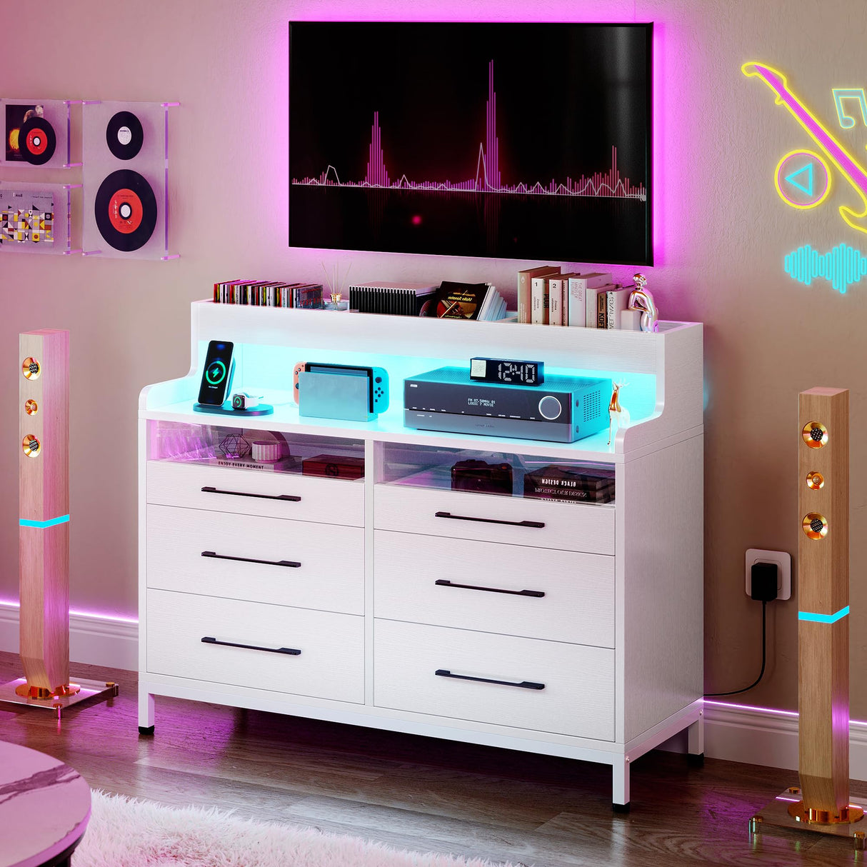 YITAHOME Dressers with LED Lights, 6 Drawer Dressers & Chests of Drawers, Modern Wood Dresser with Open Shelf Storage for Room, Entryway, Hallway, White YITAHOME