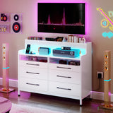 YITAHOME Dressers with LED Lights, 6 Drawer Dressers & Chests of Drawers, Modern Wood Dresser with Open Shelf Storage for Room, Entryway, Hallway, White YITAHOME