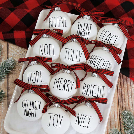 Christmas Ornaments - Set of 12 Shatterproof White Bulbs Adorned with Buffalo Plaid Bows - Rustic Farmhouse Christmas Tree Decorations for Xmas Tree Decor ORIENTAL CHERRY
