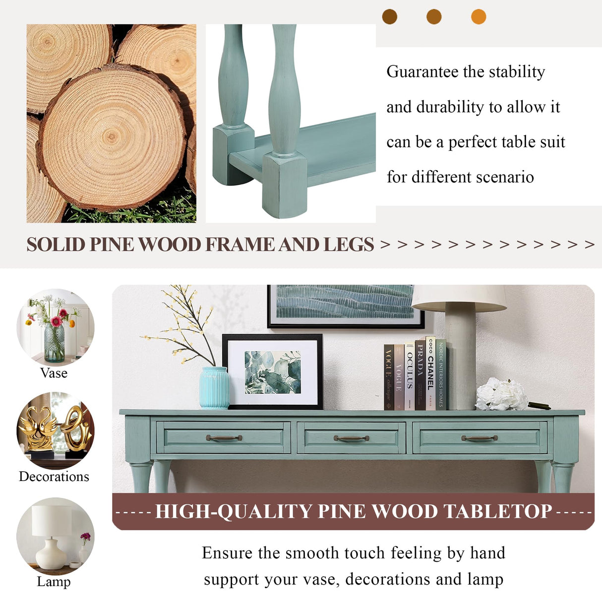 LKTART Solid Wood Console Table Sofa Table Entryway Table with 3 Drawers and 1 Bottom Shelf for Storage Entry Hallway Foyer Sofa (63" Retro Green) LKTART