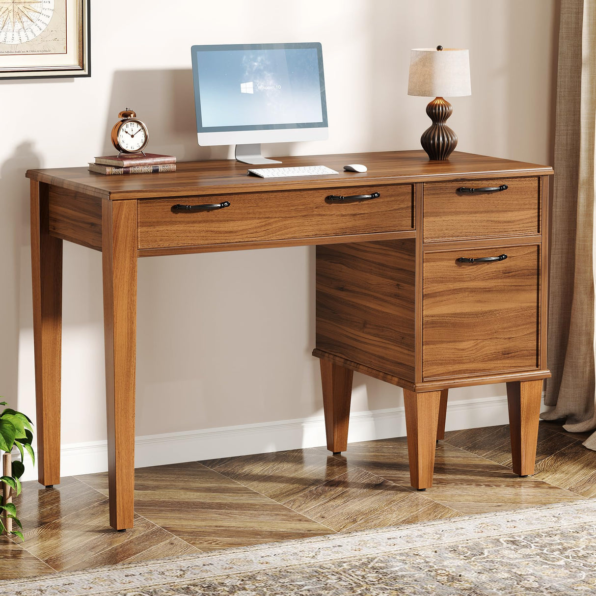 Tribesigns 47" Computer Desk with 3 Drawers, Farmhouse Office Desk with Storage, Wood Teacher Desk Writing Table with File Drawers for Home Office, Bedroom, Study Room, Brown Tribesigns