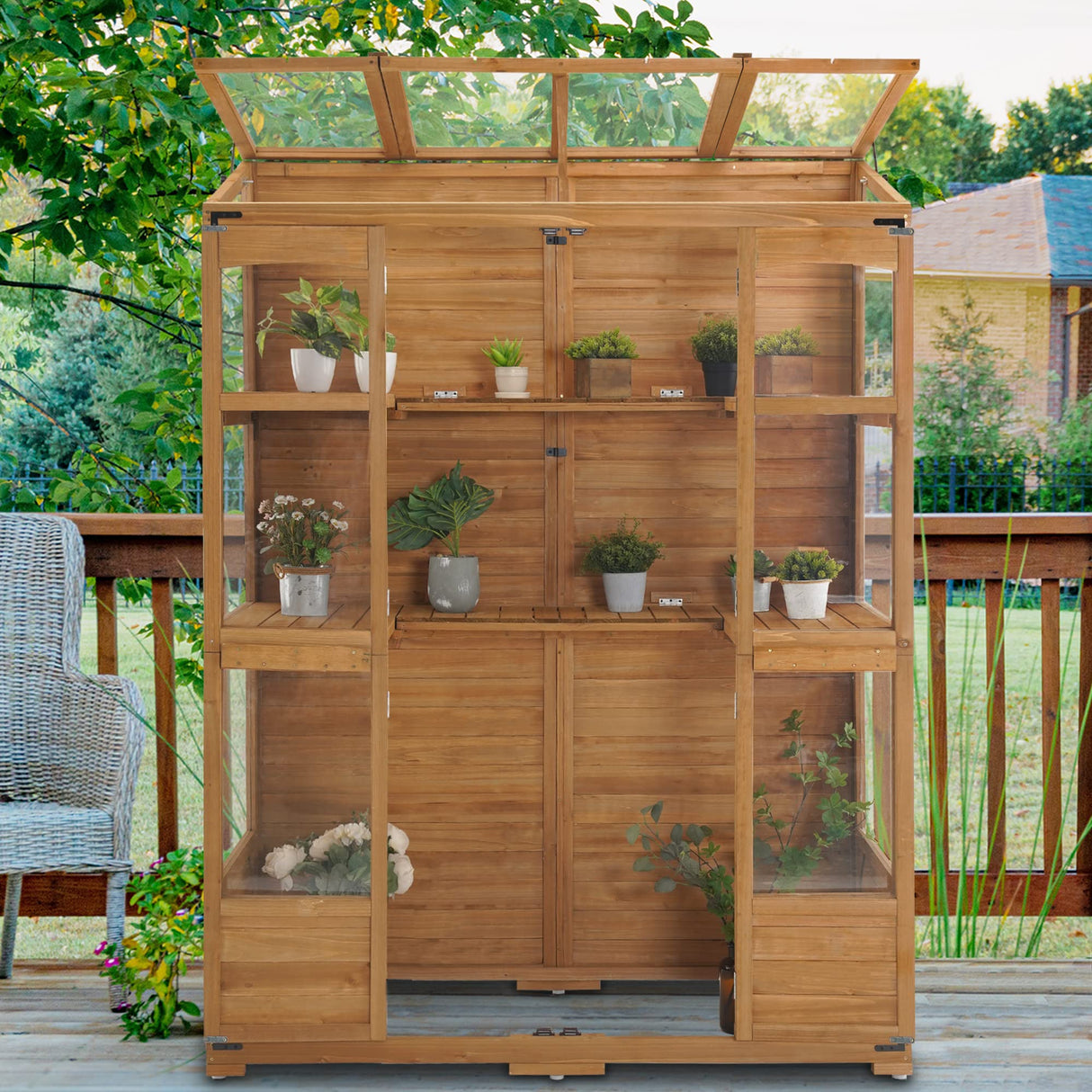 MCombo Wooden Greenhouse, Walk-in Outdoor Greenhouse with Openable Roof and Lockable Door, 0899 (Natural) MCombo