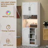 GarveeHome 71” Tall Kitchen Pantry Storage Cabinet with Microwave Shelf and LED Light, Storage Cabinet with Door and Shelve, Hutch Cabinet with Storage for Dining Room, Living Room, Bathroom, White GarveeHome