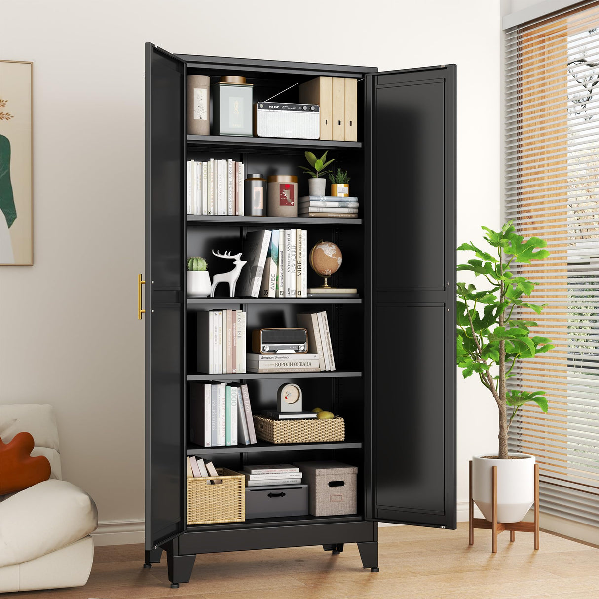 RISTERN Black Metal Storage Cabinet,75" Steel Cabinets for Home Office, Kitchen Pantry Storage Cabinet with Doors and 5 Adjustable Shelves, Tool Cabinets, for Office, Home, Garage, School RISTERN