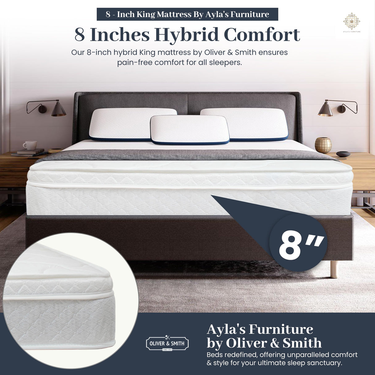 Aylas Furniture King Size Mattress- 8 Inch Hybrid King Mattress with High Density & Comfort Cold Foam with Continuous Coil Bonnell Springs - Eco-Friendly, Breathable King Bed Mattress Medium Firmness Aylas Furniture