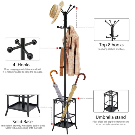 Hoctieon Coat Rack Freestanding,Entryway Hanger Stand,Umbrella Holder,Hall Tree With 12 Hooks, Floor Standing Metal Tree Stand, Black Hoctieon