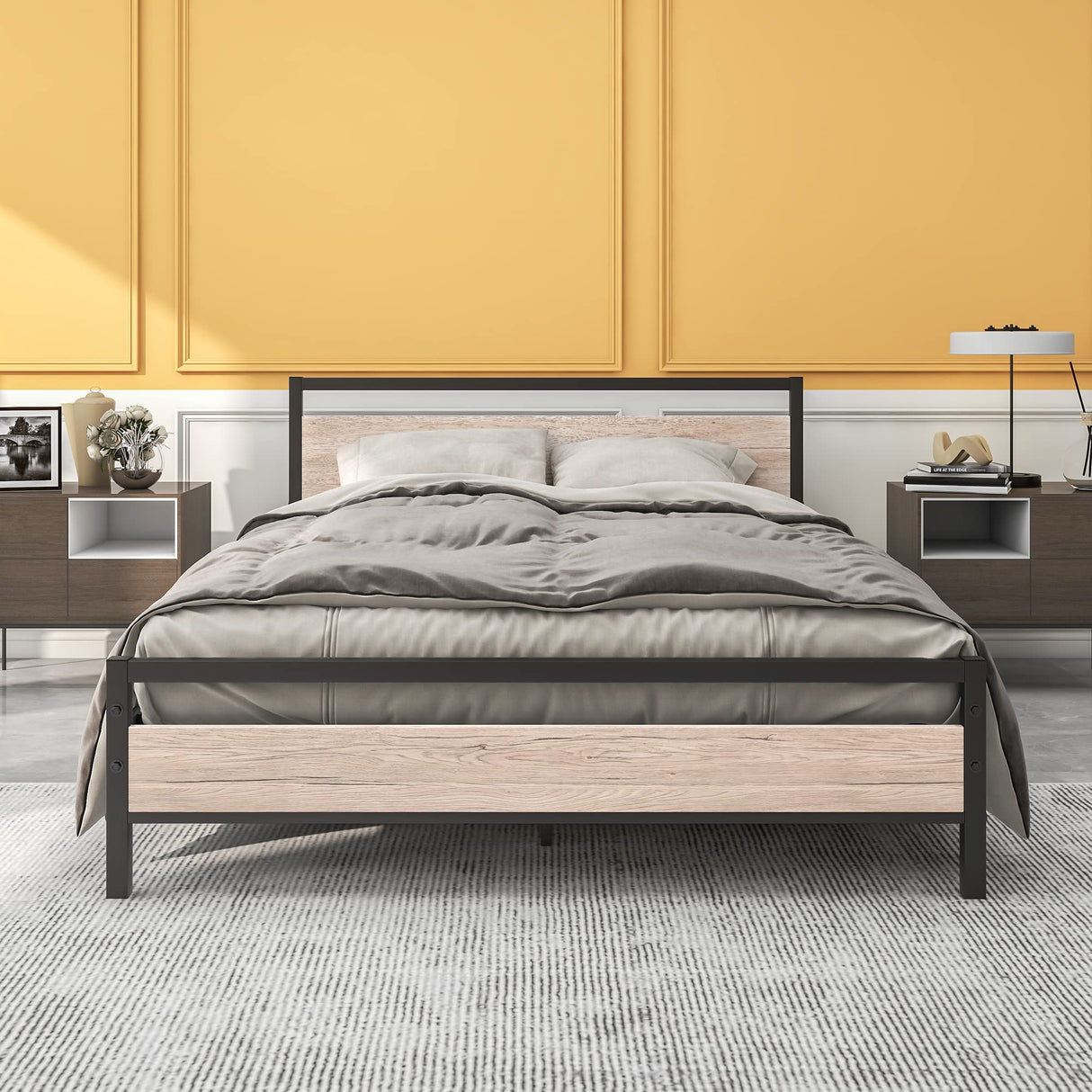 Heavy-Duty BOFENG Queen Bed Frame with Wood Headboard – No Box Spring Needed, Sturdy Steel Slat Foundation BOFENG