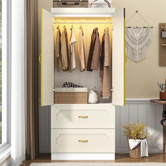 75" Tall 2 Doors Armoire Wardrobe Closet with Mirrors and LED Lights,Freestanding White Wardrobe Armoire for Bedroom with Drawers and Hanging Rod,Modern Armoire Storage Cabinet(2 Doors with Mirrors)