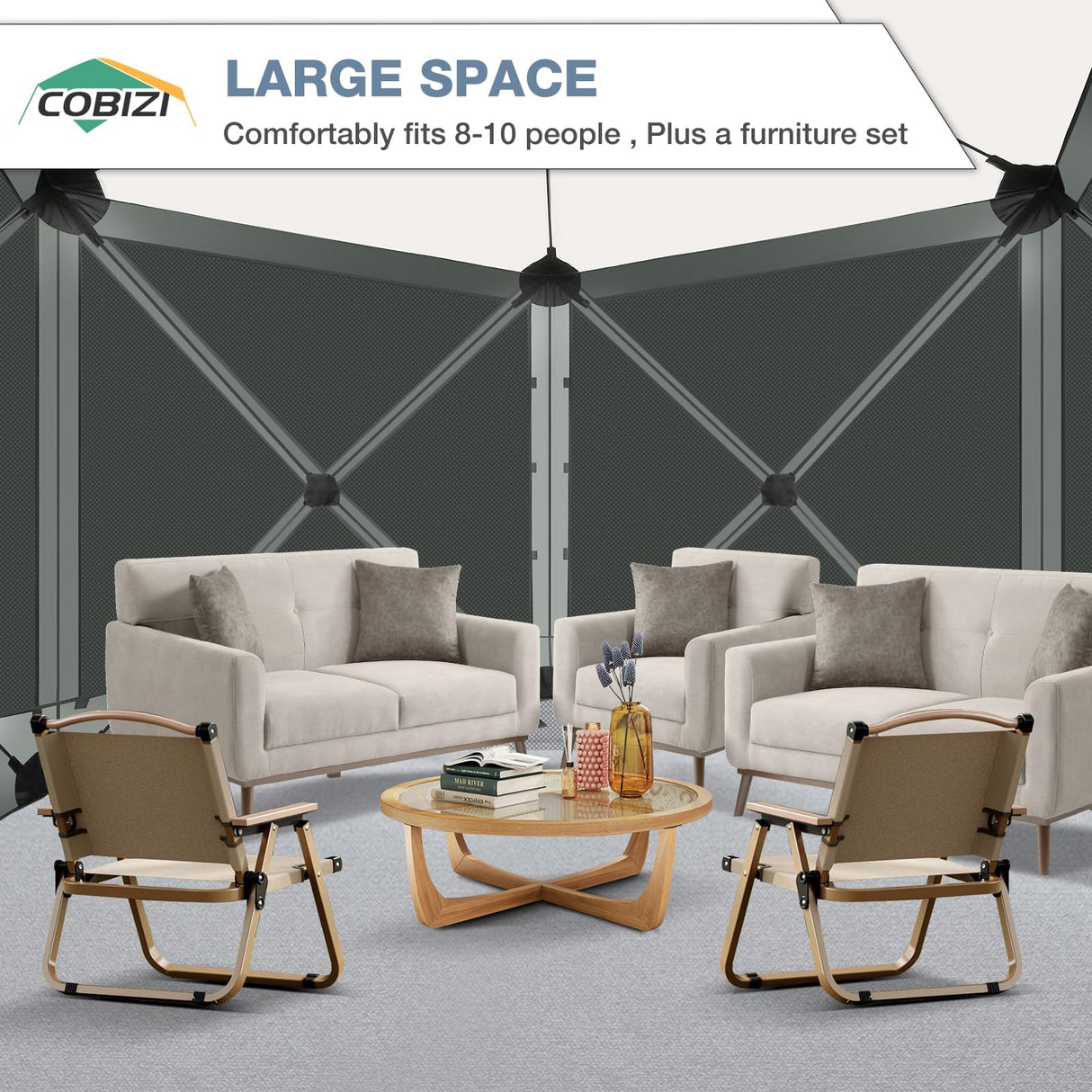 COBIZI Pop Up Gazebo Screen Tent Screen House for Camping, 10x10 Screen Room with Mosquito Netting, Hub Tent Instant Screened Canopy with Carrying Bag and Ground Stakes, Gray COBIZI