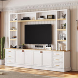 LUMISOL Farmhouse 4-Piece Entertainment Center Wall Unit for TVs up to 75", Large TV Stand with Bookshelves, 6 Drawers & Adjustable Shelves, Rustic Large Media Console for Living Room, White LUMISOL