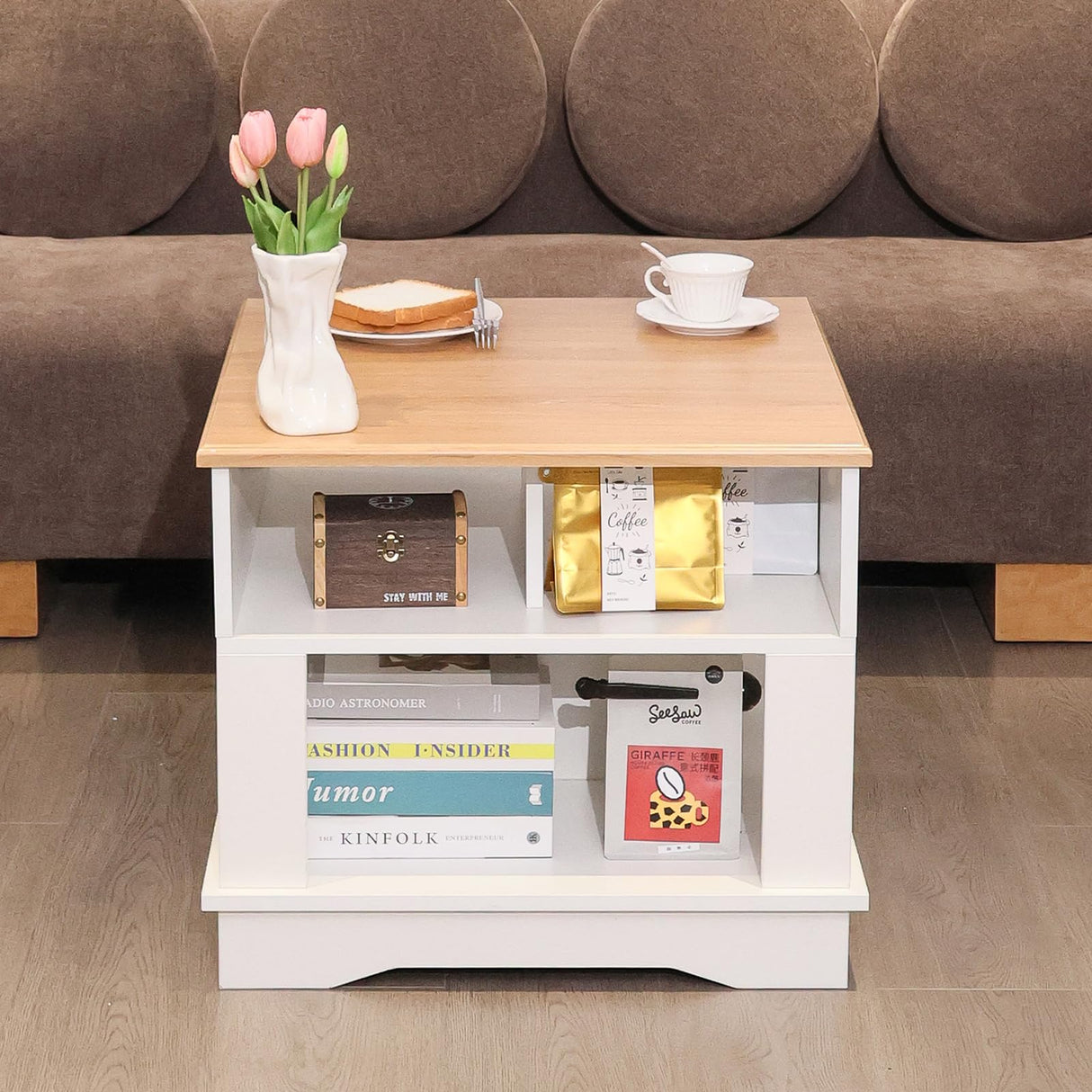 ALBAD Farmhouse Square Coffee Tables Rustic Living Room Center Table with Half Open Storage Space, White & Light Brown ALBAD