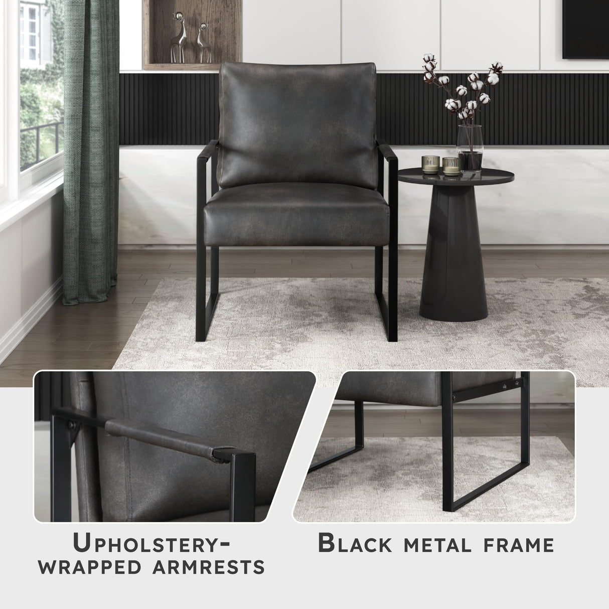 Lexicon Modern Accent Chair, Faux Leather Upholstered Living Room Chair With Wrapped Armrests, Arm Chair With Black Metal Frame,Comfy Single Chair For Living Room/Bedroom/Reading Room/Office,Dark Grey Lexicon