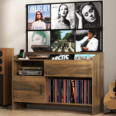 Gyfimoie Upgraded Large Record Player Stand, Mid-Century Turntable Stand with Power Outlet, Large Record Player Table Holds Up to 500 Albums, Vinyl Storage Cabinet Display Shelf for Living Room (Walnut)