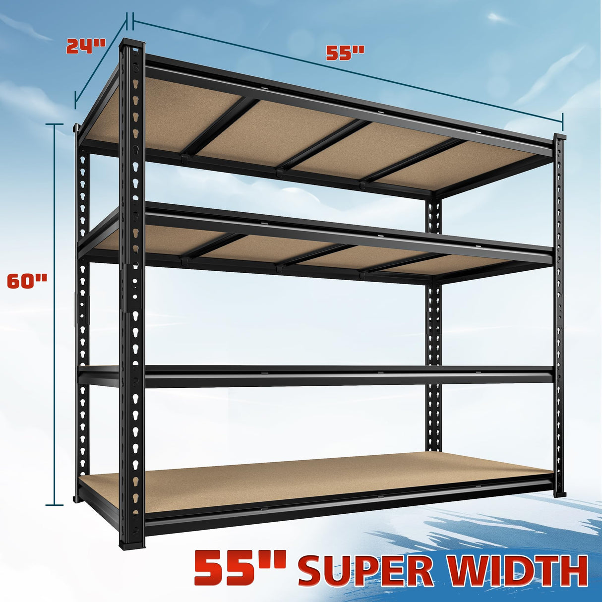 DurayLoly 55" W Storage Shelves, 2040LBS Garage Shelving Heavy Duty, 4-Tier Heavy Duty Shelving, Adjustable Metal Shelving Unit for Garage, Warehouse, Pantry, Kitchen, 55" W × 24" D × 60" H, Black DurayLoly