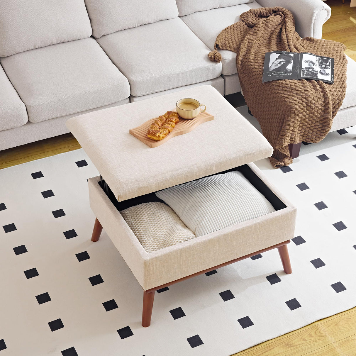 Redlife Ottoman Coffee Table, 31" Wide Rectangular Large Ottoman with Storage, Lift Top Ottoman Coffee Table Mid Century Modern Rectangle Coffee Tables for Living Room (Beige Rectangle) Redlifeᅟᅠ