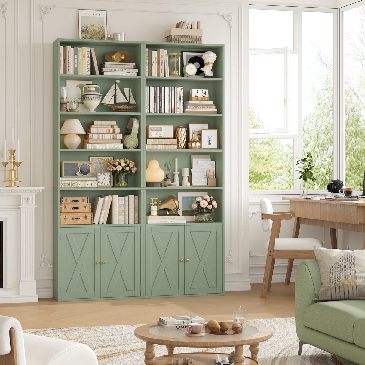 FACBOTALL 82" Tall Bookcase and Book Shelf, 24" Wide Bookshelf with Doors, 7 Tier Bookcase with Storage and Adjustable Shelf, Open and Display Farmhouse Bookshelf for Living Room, Home Office, Green FACBOTALL