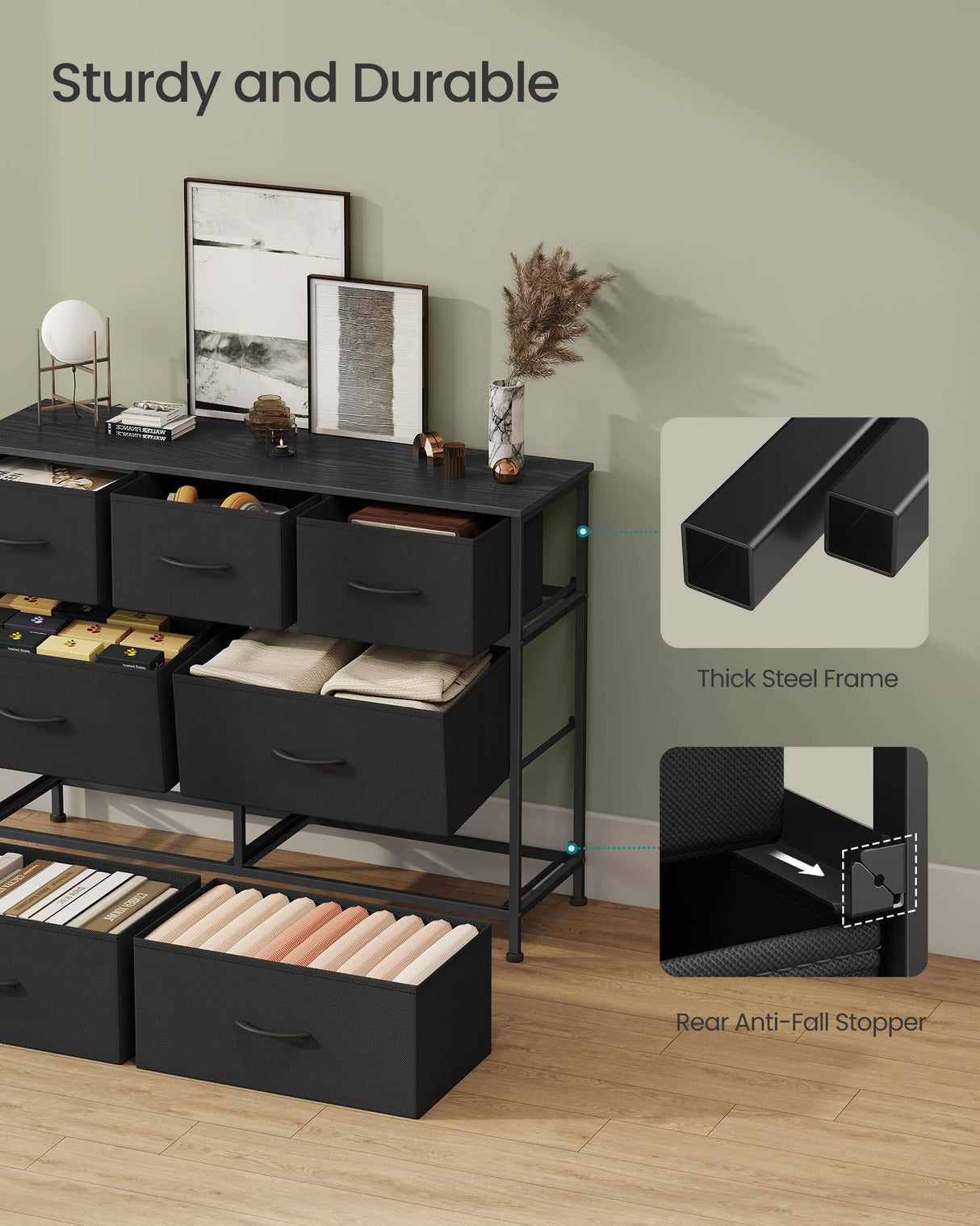 SONGMICS Dresser for Bedroom, Chest of Drawers, TV Stand, Steel, MDF, 7 Non-Woven Fabric Drawers, Storage Organizer Unit, Closet, Entryway, Ink Black and Ebony Black ULGS323B01S SONGMICS