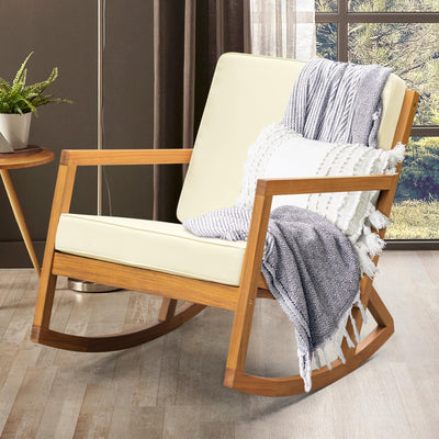 IDZO Premium Club Rocking Chair 500lbs Capacity with Inclined Backrest, Thick Foam, Solid Acacia Wood Rocker for Patio, Backyard, Balcony, Porch, Beige - 2 Cushions