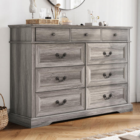 LINSY HOME Farmhouse 9-Drawer Dresser - Grey Chest of Drawers for Bedroom and Living Room Organization, Wood Dresser with Ample Storage Space and Rustic Charm, Grey LINSY HOME