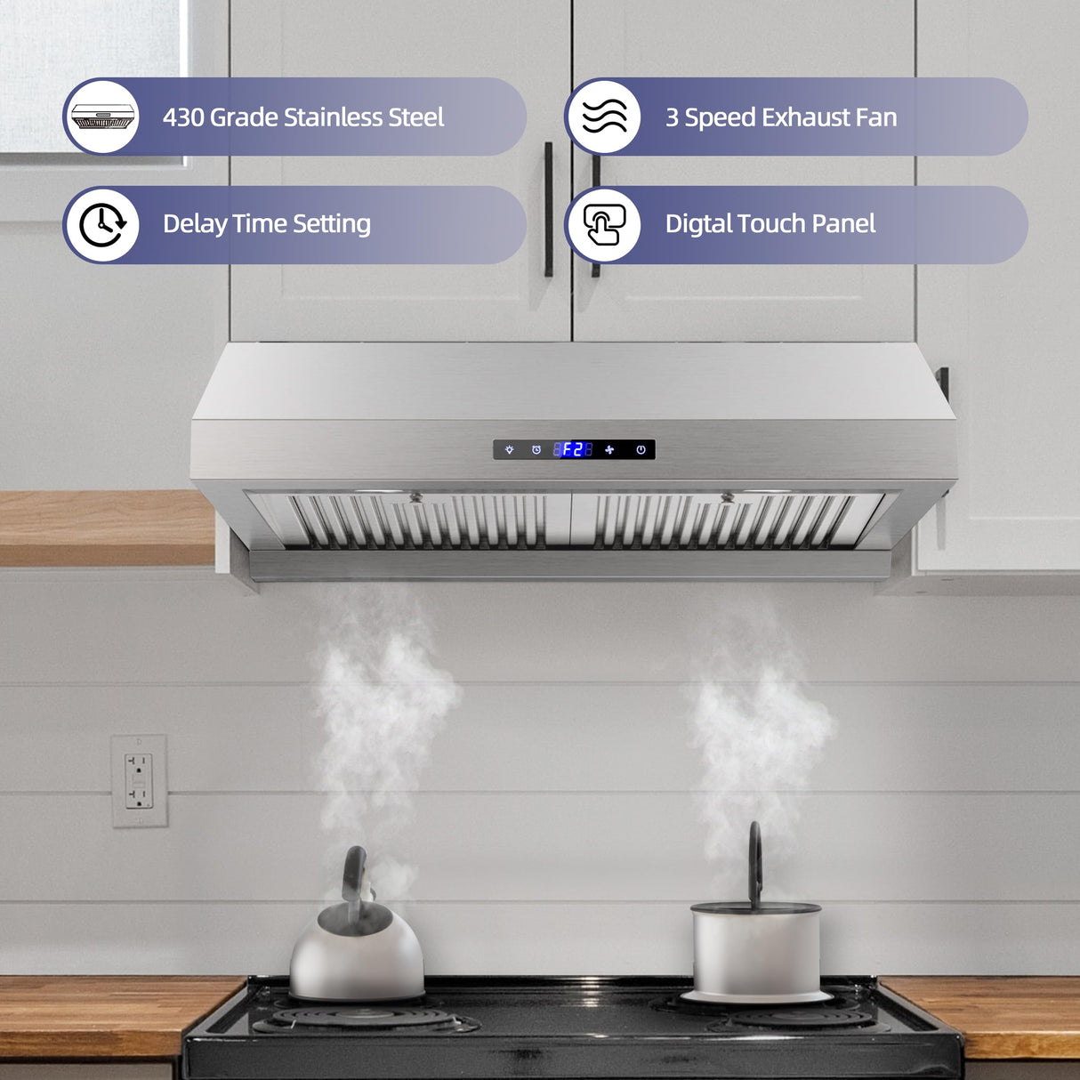 FIREGAS Range Hood 30 inch, Dual Motor Kitchen Hood 900 CFM Stainless Steel Vent Hood for Under Cabinet with 3 Speed Exhaust Fan, Touch Screen, Dishwasher Safe Baffle Filters and LED Lights FIREGAS