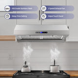 FIREGAS Range Hood 30 inch, Dual Motor Kitchen Hood 900 CFM Stainless Steel Vent Hood for Under Cabinet with 3 Speed Exhaust Fan, Touch Screen, Dishwasher Safe Baffle Filters and LED Lights FIREGAS
