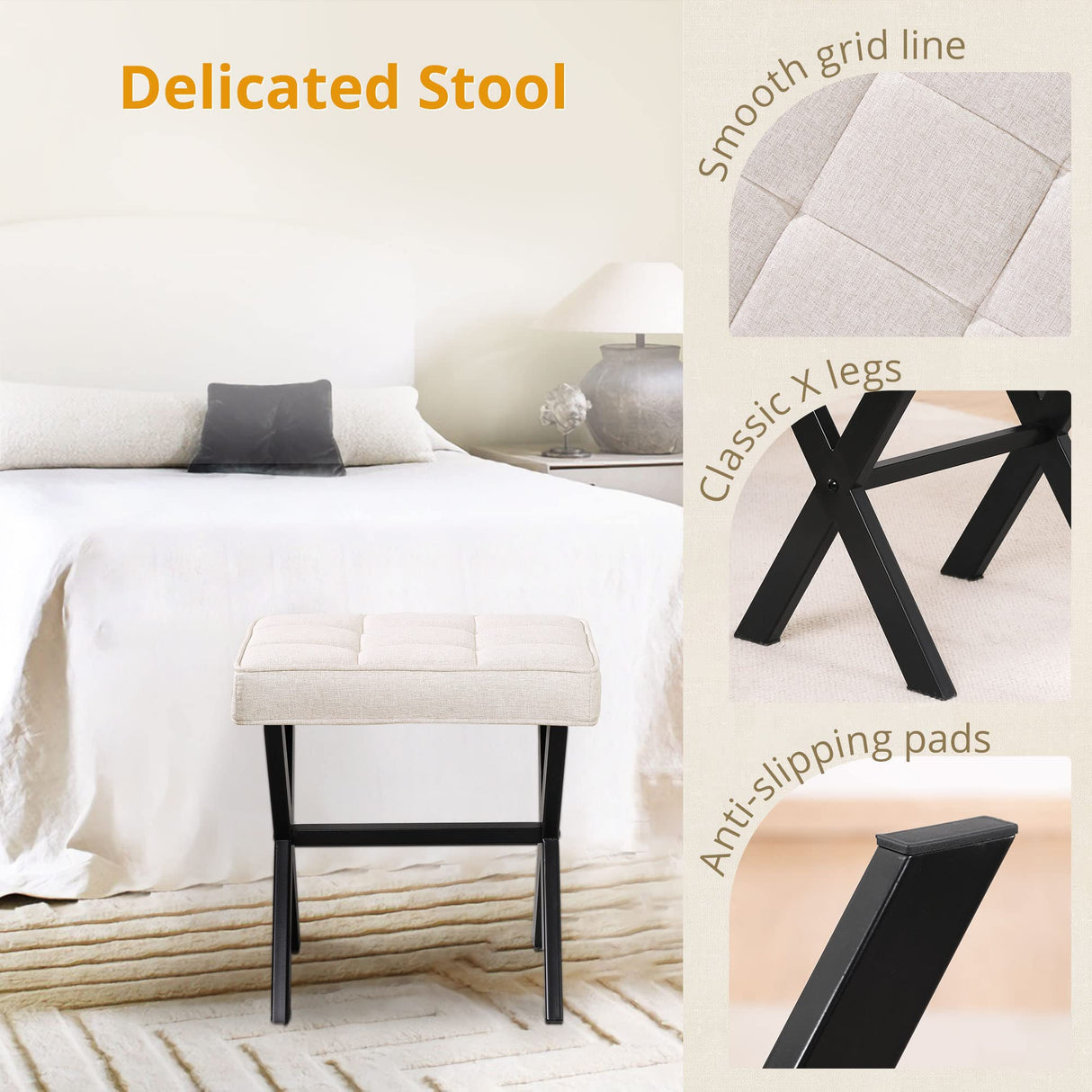 LUE BONA Ottoman Foot Stool Vanity Stool, Square Linen X-Leg Foot Rest Ottoman Makeup Stool, Small Stool Chair for Vanity, Modern Padded Vanity Seat for Makeup Room, Living Room, Bathroom, Linen Color LUE BONA