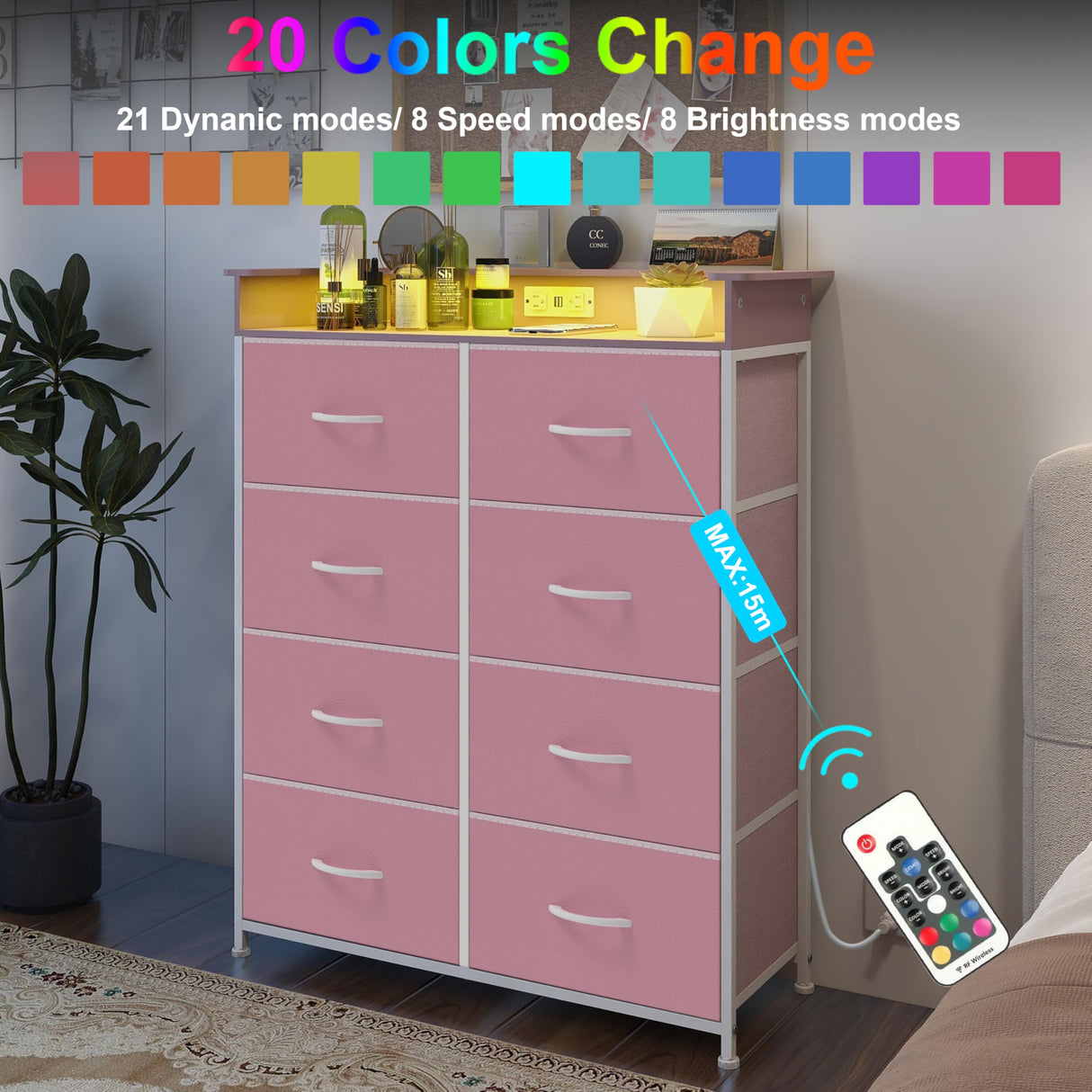 Welfuturer Pink Dresser for Bedroom with Charing Station Dressers with LED Lights Tall Dresser with 8 Drawers Storage Tower for Closet Living Room Hallway Entryway Sturdy Steel Frame Wood Top Welfuturer