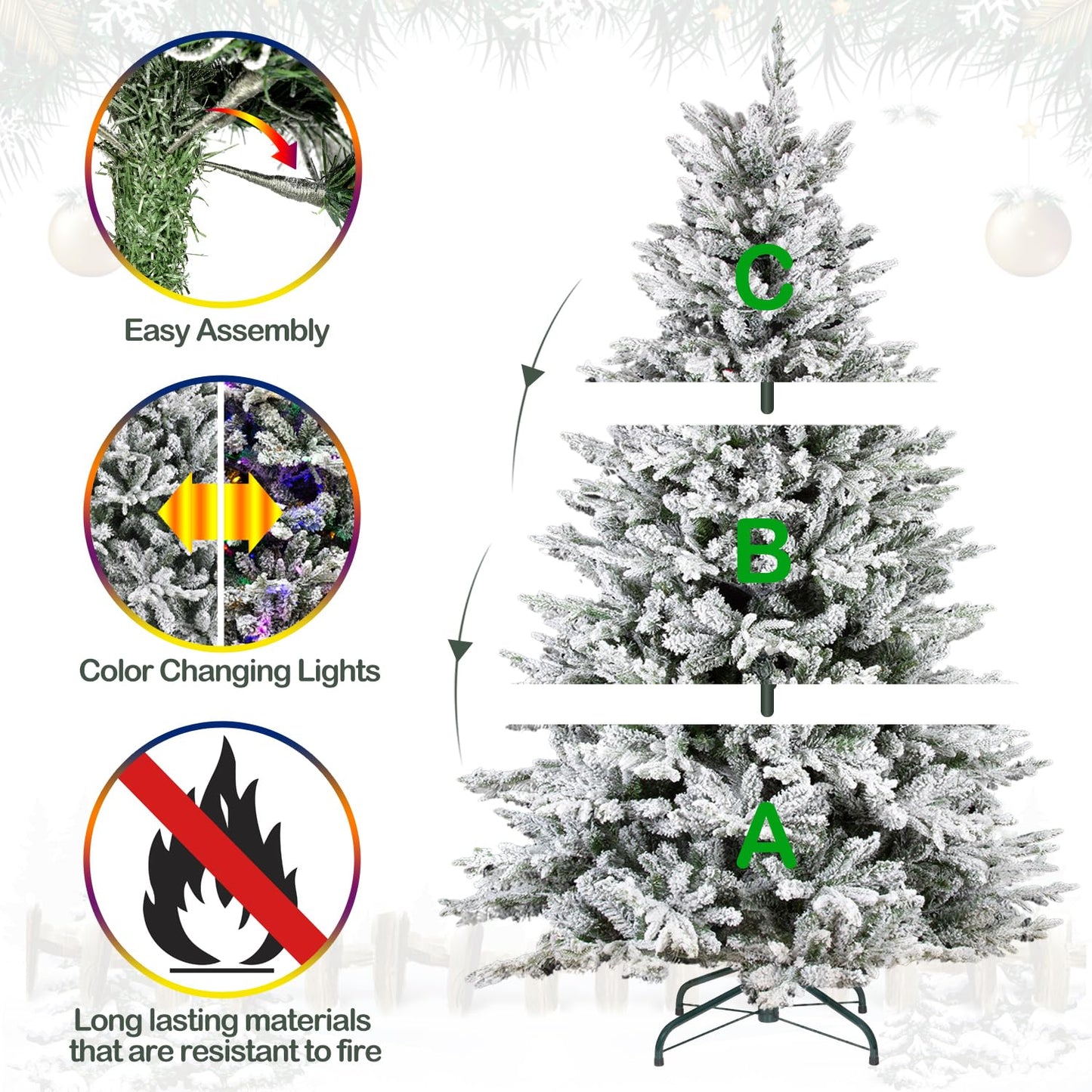 Hykolity 7.5 ft Prelit Snow Flocked Christmas Tree, 2806 PE&PVC Realistic Branch Tips, Artificial Twinkling Christmas Tree with 500 Color Changing LED Lights, Metal Stand and Hinged Branches, 11 Modes