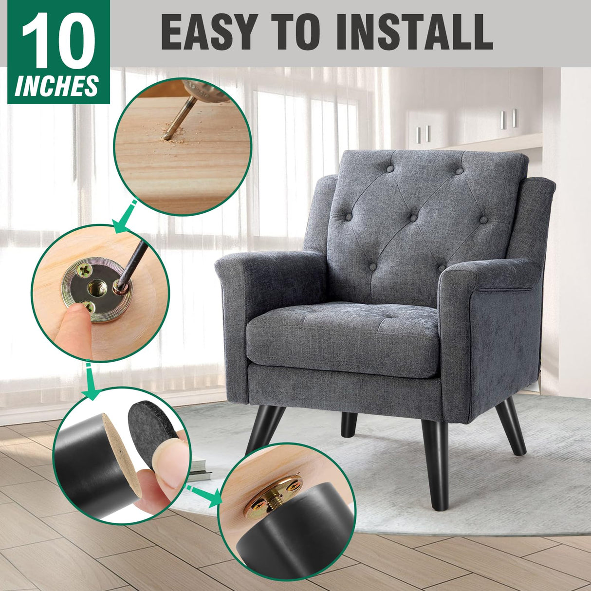 FoDau770 Black Rubber Wood Furniture Legs 10 Inche, Slant Tapered Wood Legs Mid Century Sofa Legs Set of 4, 5/16" UNC Furniture Feet Replacement Legs for Cabinet Sofa Couch Dresser Chair Ottoman Table FoDau770