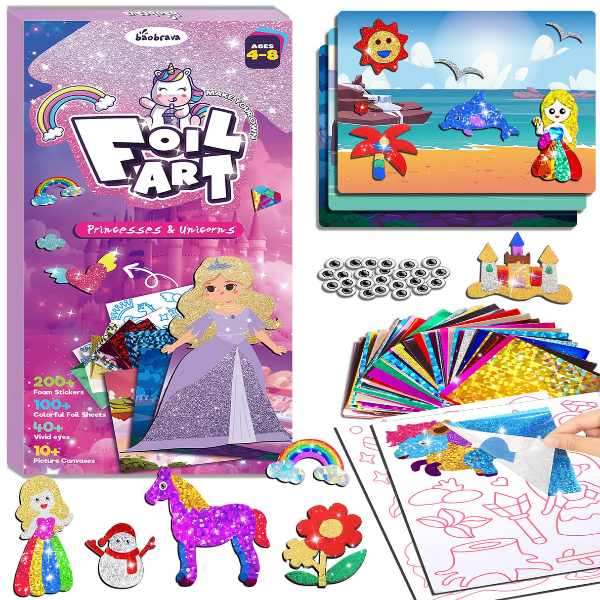Foil Art Fun Kit for Kids - DIY Toy Unicorn Princess Foil Art Craft Activity for Kids, Foam Stickers Fun Craft Kits & Supplies, Creative Christmas Birthday Gifts Travel Toys for 4 and Up Arts & Crafts Baobrava