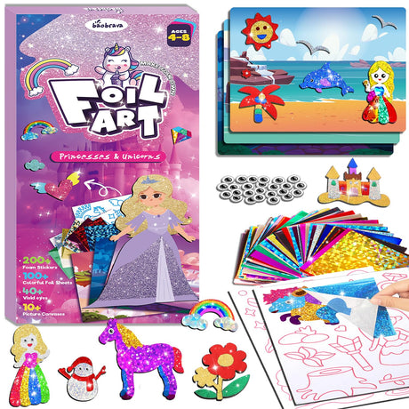 Foil Art Fun Kit for Kids - DIY Toy Unicorn Princess Foil Art Craft Activity for Kids, Foam Stickers Fun Craft Kits & Supplies, Creative Christmas Birthday Gifts Travel Toys for 4 and Up Arts & Crafts Baobrava