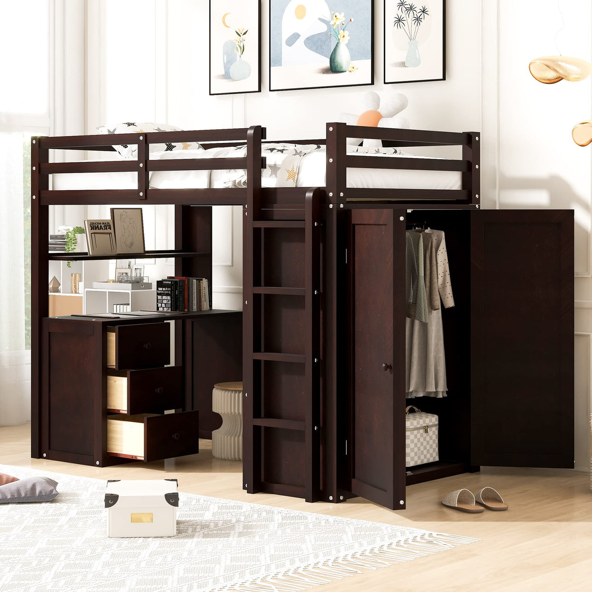 Harper & Bright Designs Twin Loft Bed with Desk and Wardrobe,Solid Wood Loft Bed Frame Twin with Storage Drawers for Kids Teens Adults,No Box Spring Needed,Espresso Harper & Bright Designs