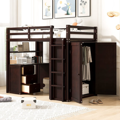 Harper & Bright Designs Twin Loft Bed with Desk and Wardrobe,Solid Wood Loft Bed Frame Twin with Storage Drawers for Kids Teens Adults,No Box Spring Needed,Espresso