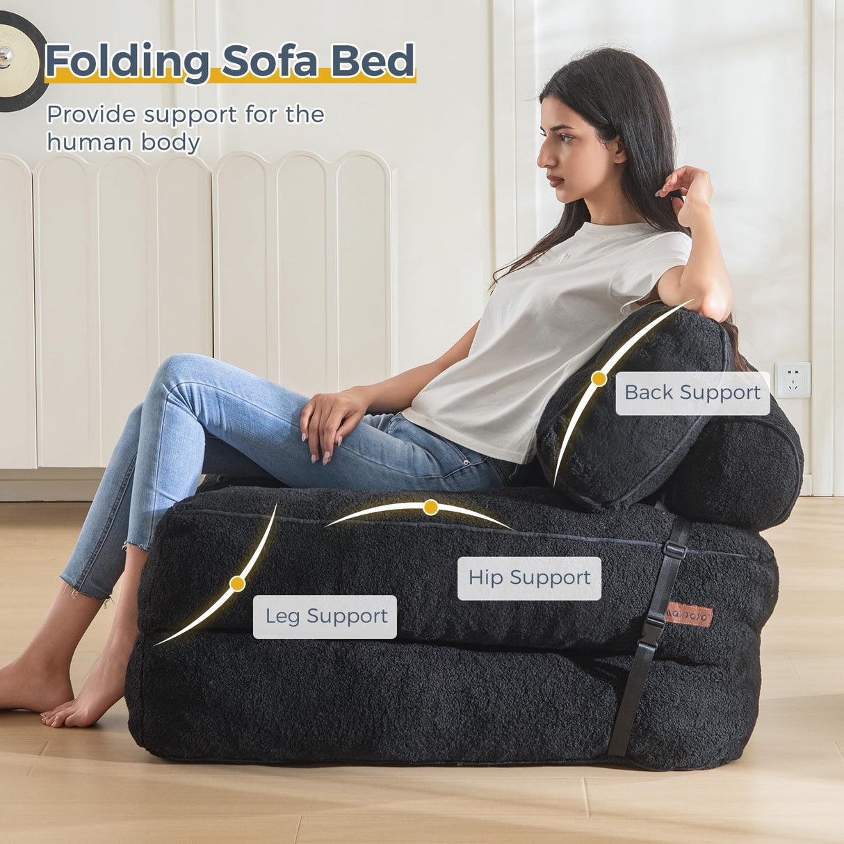 MAXYOYO Folding Sofa Bed, Convertible Sleeper Chair with Pillow Foldable Mattress with Back Support, Portable Fold Out Sofa Couch Fuzzy Fabric Comfy Floor Sofa Lounge for Living Room Apartment, Black MAXYOYO