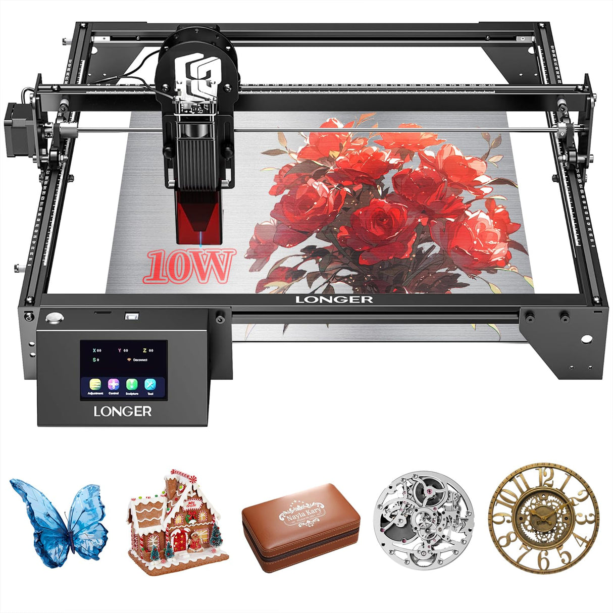 Ray5 10W Laser Engraver with 3.5" Touch Screen, Laser Cutter and Laser Engraving Machine Speed 10000mm/min and High Precision Laser Spot 0.06mm, Laser Engravers for DIY Handicrafts Wood,Metal,Acrylic COCONUT 3D