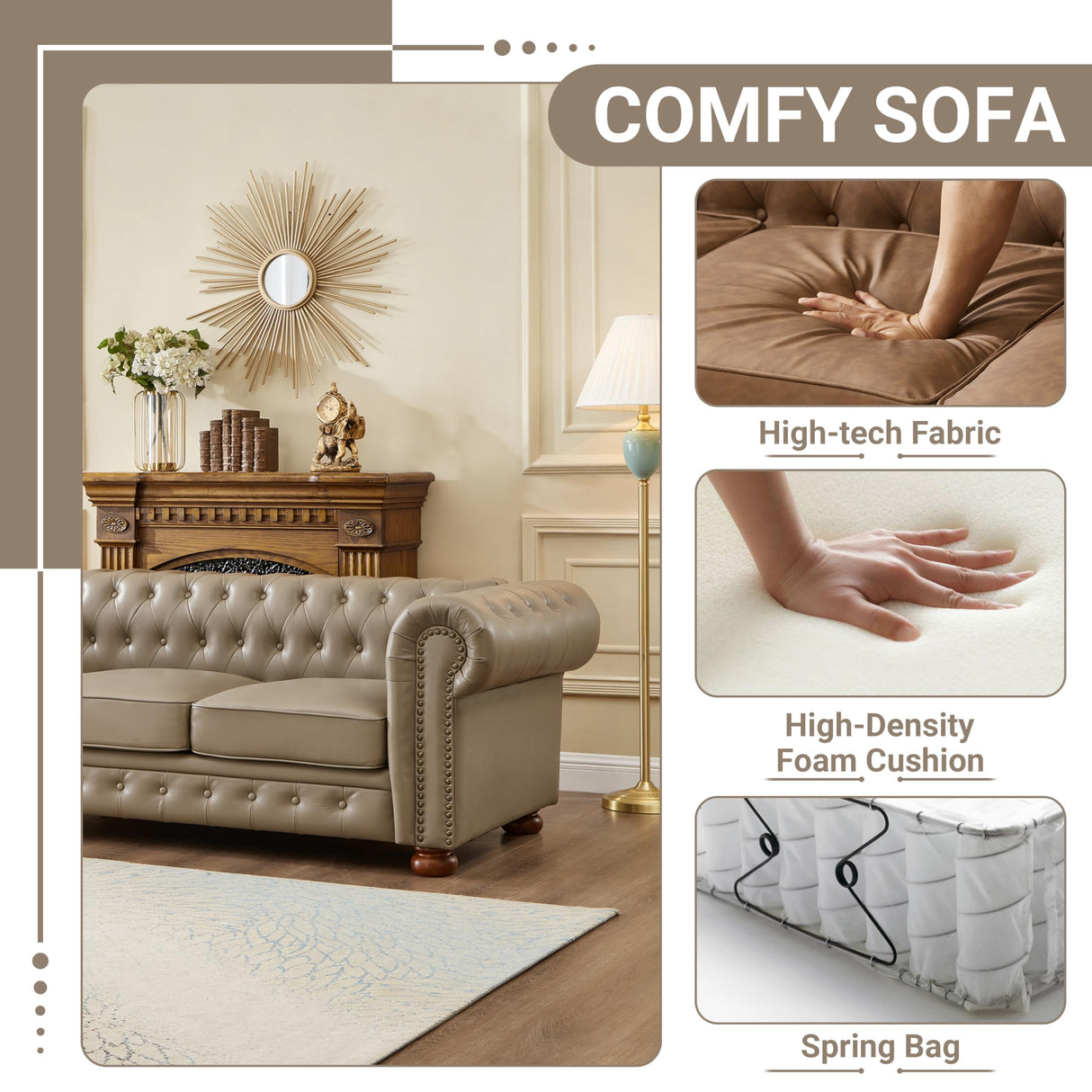 N NOORDENIYA Chesterfield Leather Sofa, 89" Mid Century Modern Couch with Low Back, Roll Arm Nailhead Trim Classic 3 Seater Couch for Living Room, Office, Apartment, PU Khaki N NOORDENIYA