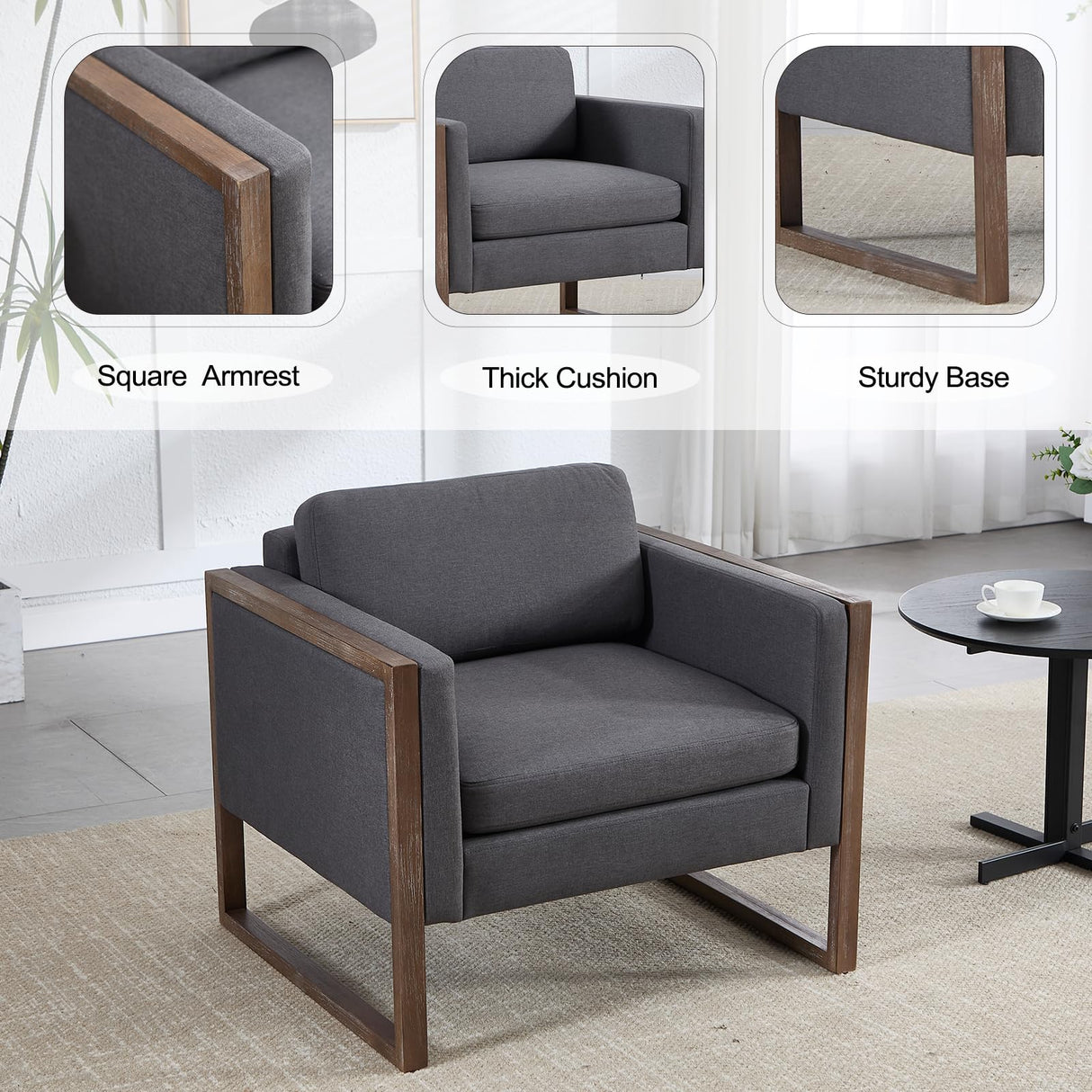 Kmax Modern Accent Chairs Set of 2, Charcoal Fabric Upholstered Club Chair, Comfy Arm Reception Chairs Living Room Chair for Hotel Conference, Walnut Wood Kmax