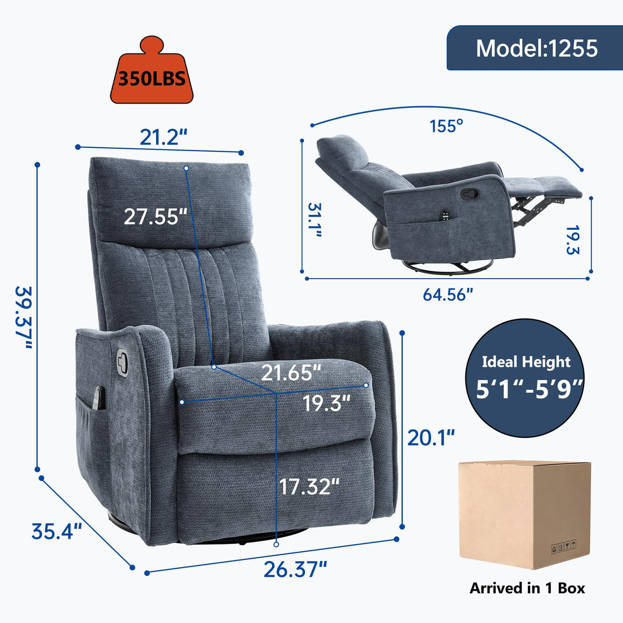 Manual Swivel Rocker Recliner Chair for Adults, Overstuffed Reclining Glider Chair for Nursing with Vibration Massage & Heat, Living Room Rocking Recliner 2-Stage backrest, Chenille Fabric Blue EZZUP