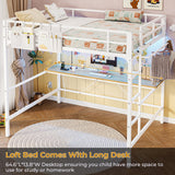 DICTAC Loft Bed Full Size with Desk and Led Lights Metal Full Loft Bed with Power Outlet Full Size Bed Frame with Top Bunk and Safety Guard & Ladder, Space-Saving,No Noise,No Box Spring Needed, White DICTAC