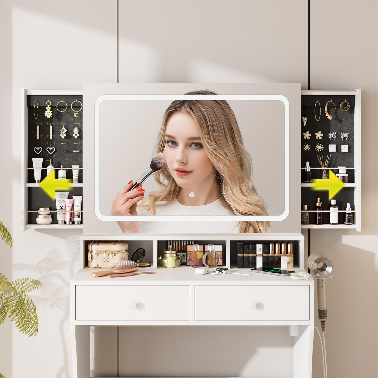 Makeup Desk with Mirror and Lights, White Dressing with Charging Station & Chair, Vanity Desk with Sliding Jewelry Storage Shelves&3 Lighting Modes, Vanity with 2 Large Drawers,Vanity for Women&Girls Vabches